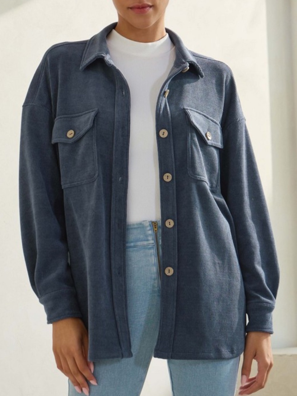 303 - Soft Corduroy Shacket in Denim Blue